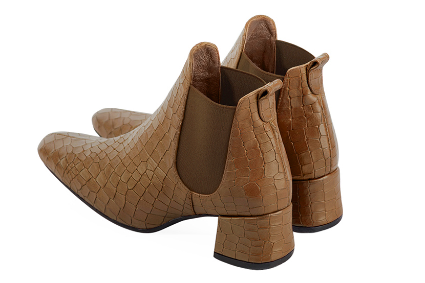 Caramel brown women's ankle boots, with elastics. Square toe. Low flare heels. Rear view - Florence KOOIJMAN